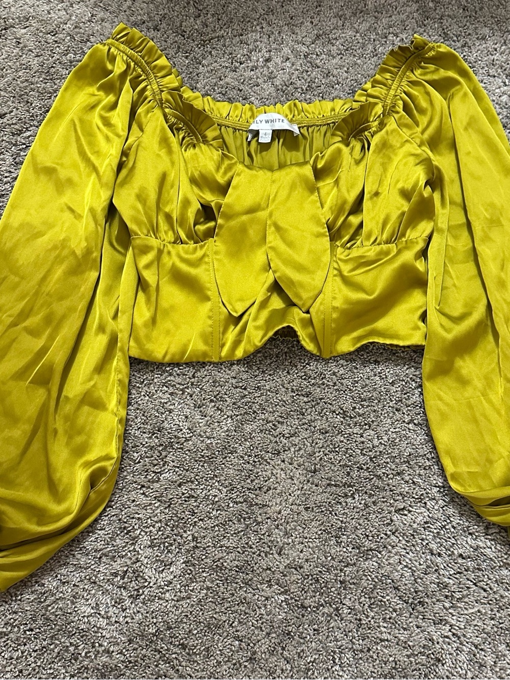 Lily White Lime Satin Puff-Sleeve Tie-Front Crop Top